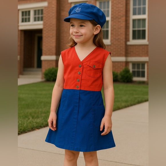 Vintage Red & Blue Girl’s Scout Uniform Dress w/ Hat | Size A-32 - Picture 1 of 11